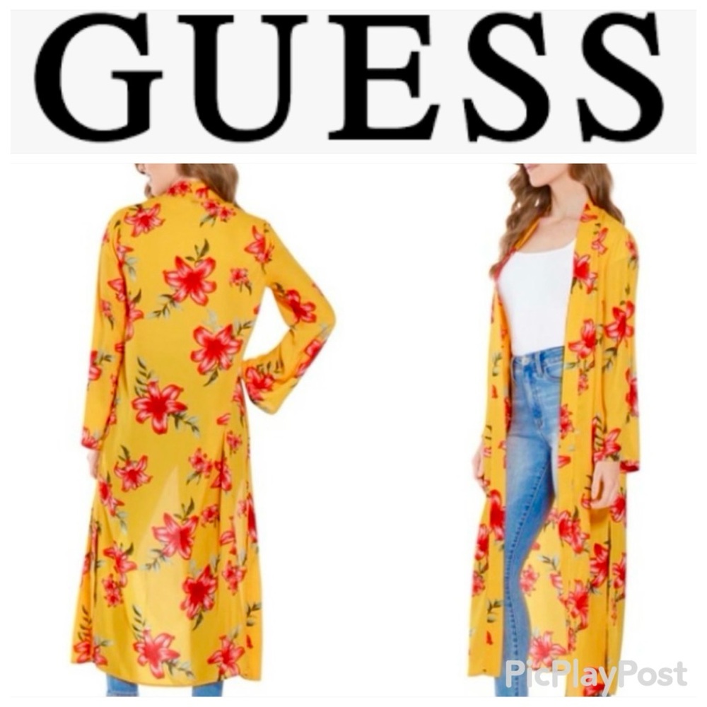 Guess Florela Golden Pink Endless Floral Open Front Long Duster Cover Up XS S